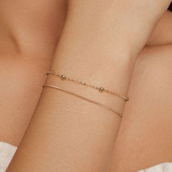 Yellow Gold Sterling Silver Bracelet Plated 3mm 2 Layer Chain 7.5in 925 - Picture 10 of 11